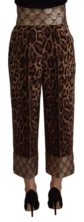 Pantalones jacquard de leopardo recortado de cintura alta