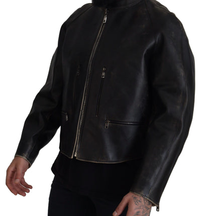 Elegant Black Leather Jacket with Silver Details