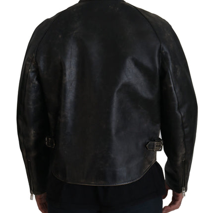 Elegant Black Leather Jacket with Silver Details