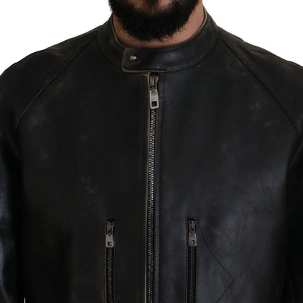 Elegant Black Leather Jacket with Silver Details