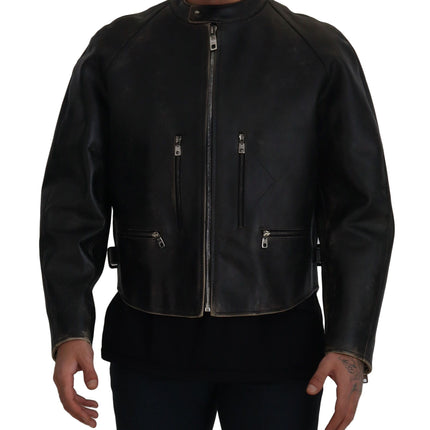 Elegant Black Leather Jacket with Silver Details