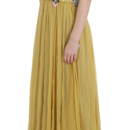 Enchanting Yellow Silk Floral Appliqué Gown