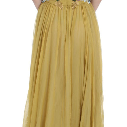 Enchanting Yellow Silk Floral Appliqué Gown