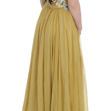 Enchanting Yellow Silk Floral Appliqué Gown