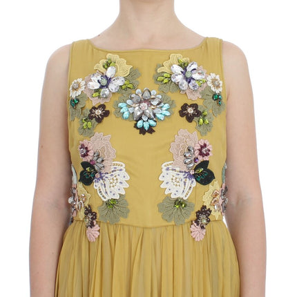 Enchanting Yellow Silk Floral Appliqué Gown