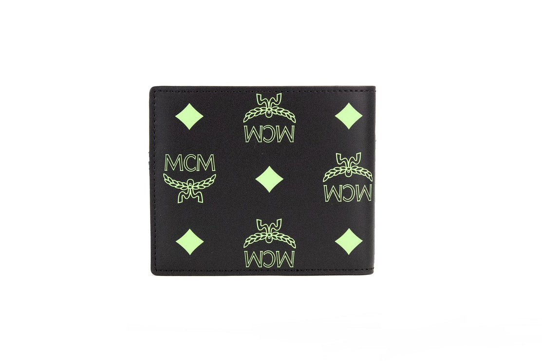 Billetera Bifold Pequeña Piel Visetos Monograma Logo Negro Verano Verde Liso