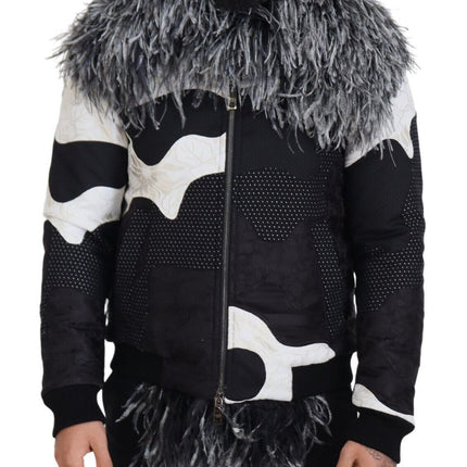 Elegant Shearling Zip Veste en noir et blanc