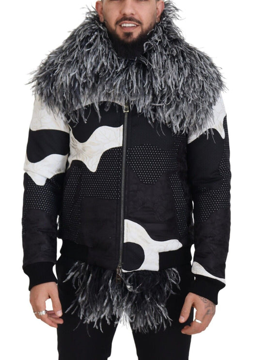 Elegant Shearling Zip Veste en noir et blanc