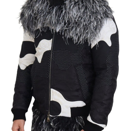 Elegant Shearling Zip Veste en noir et blanc