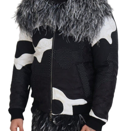 Elegant Shearling Zip Veste en noir et blanc