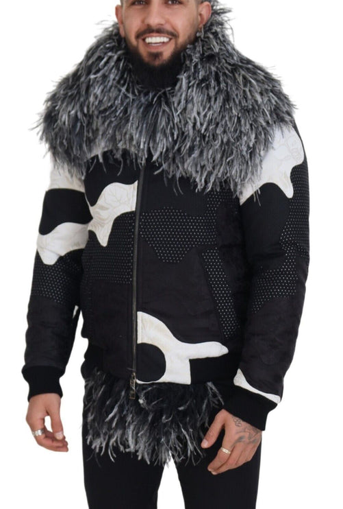 Elegant Shearling Zip Veste en noir et blanc