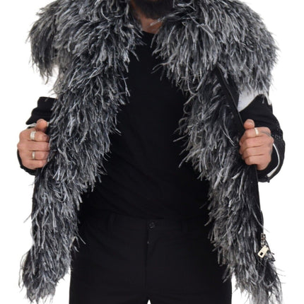 Elegant Shearling Zip Veste en noir et blanc