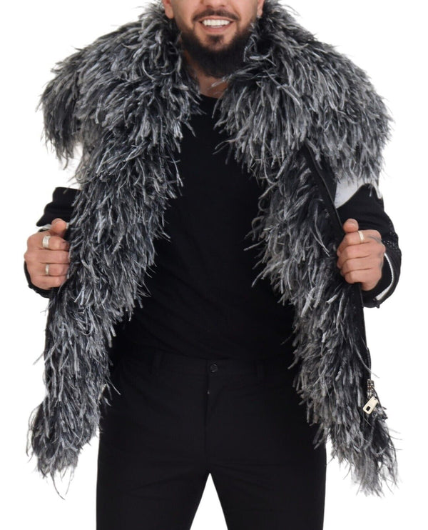 Elegant Shearling Zip Veste en noir et blanc