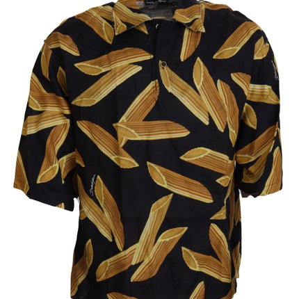 Zwart linnen shirt met Penne Rigate Print