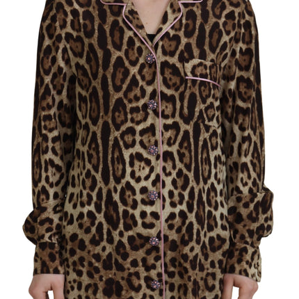 Elegant Silk Leopard Print Collared Top