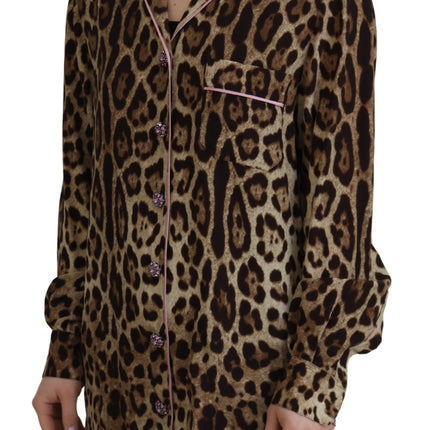 Elegant Silk Leopard Print Collared Top