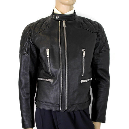 Burberry Men's Black Leather Diamond Trichted Biker Veste