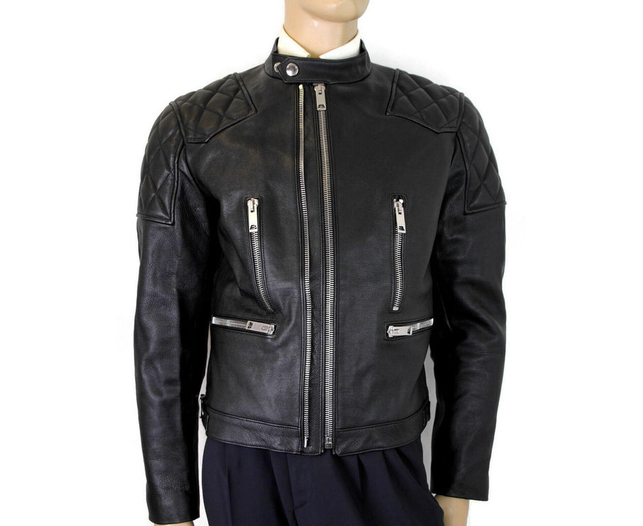 Burberry Men's Black Leather Diamond Trichted Biker Veste