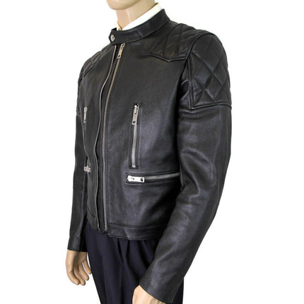 Burberry Men's Black Leather Diamond Trichted Biker Veste