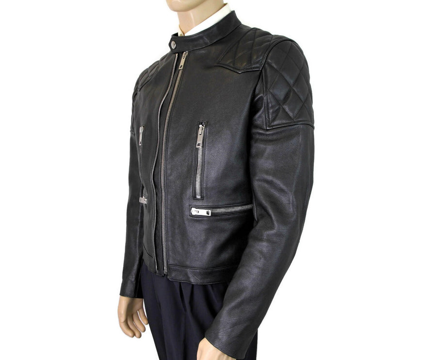 Burberry Men's Black Leather Diamond Trichted Biker Veste