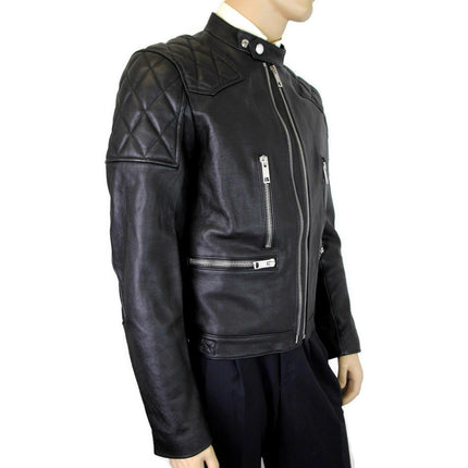 Burberry Men's Black Leather Diamond Trichted Biker Veste