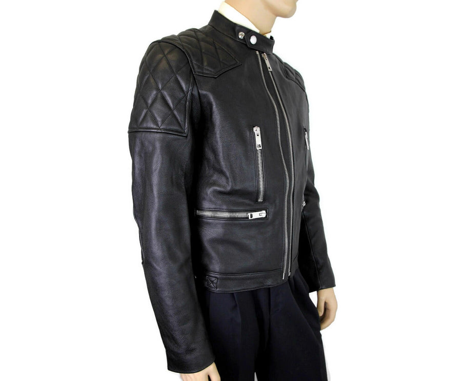 Burberry Men's Black Leather Diamond Trichted Biker Veste