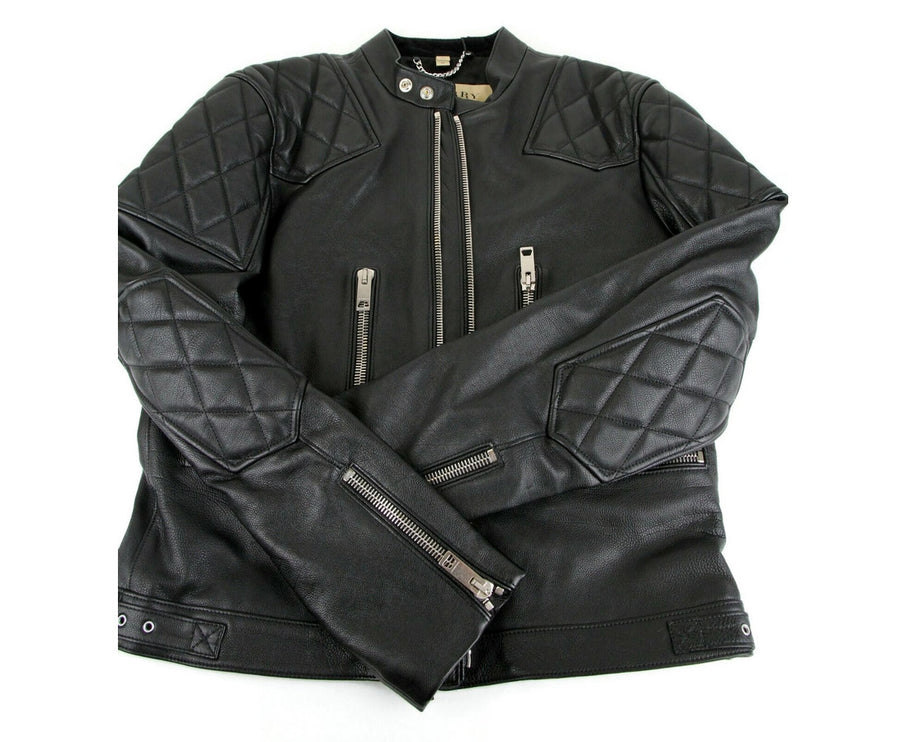 Burberry Men's Black Leather Diamond Trichted Biker Veste