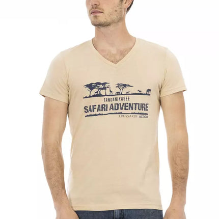 T-shirt à col en V beige avec élégant imprimé avant