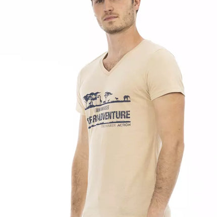 T-shirt à col en V beige avec élégant imprimé avant