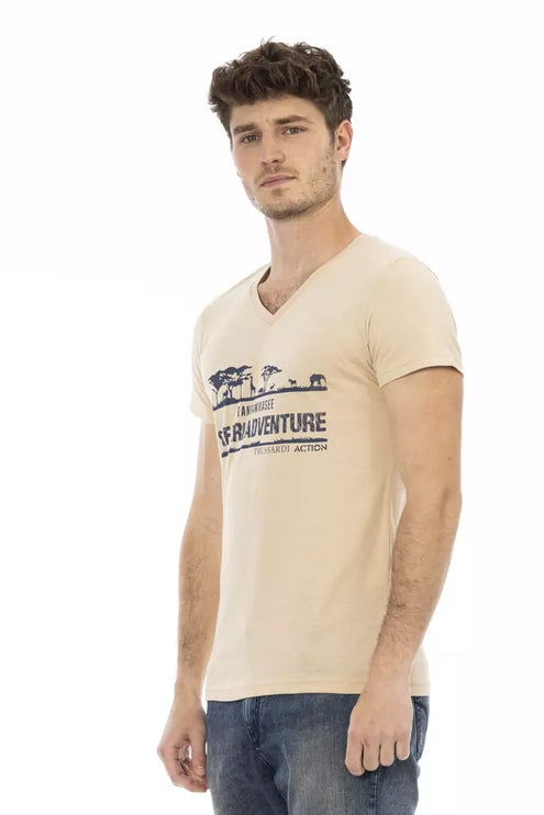 T-shirt à col en V beige avec élégant imprimé avant