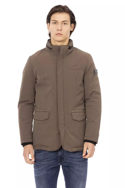 Elegant Brown Zip-Front Fack Jacket