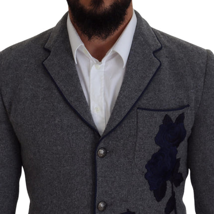 Blazer élégant en laine gris avec broderie de rose bleue