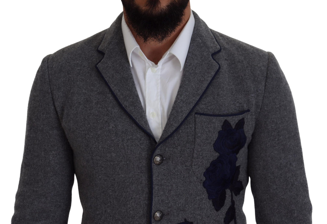 Blazer élégant en laine gris avec broderie de rose bleue