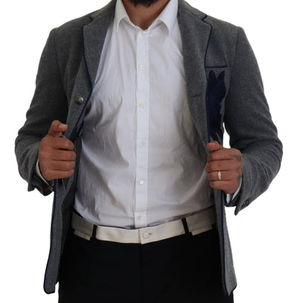 Blazer élégant en laine gris avec broderie de rose bleue