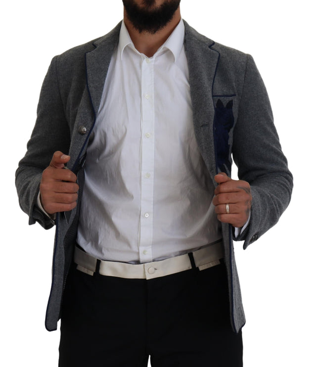 Blazer élégant en laine gris avec broderie de rose bleue