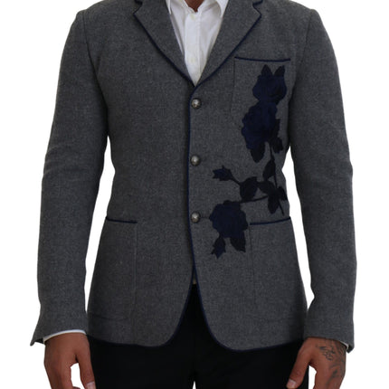 Blazer élégant en laine gris avec broderie de rose bleue