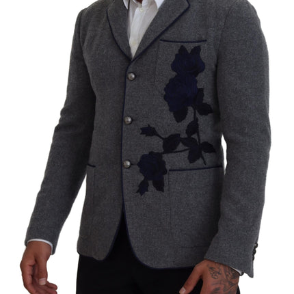 Blazer élégant en laine gris avec broderie de rose bleue