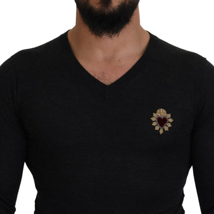 V-Neck Cashmere Sweater with Heart Embroidery