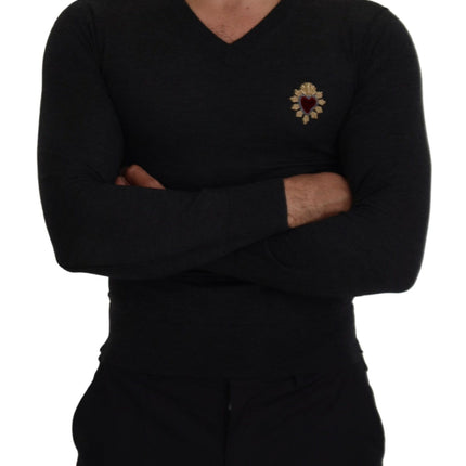 V-Neck Cashmere Sweater with Heart Embroidery