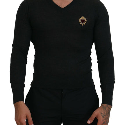 V-Neck Cashmere Sweater with Heart Embroidery