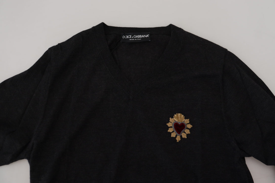 V-Neck Cashmere Sweater with Heart Embroidery