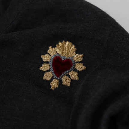 V-Neck Cashmere Sweater with Heart Embroidery