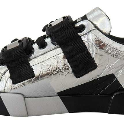 Exclusive Silver and Black Low Top Leather Sneakers