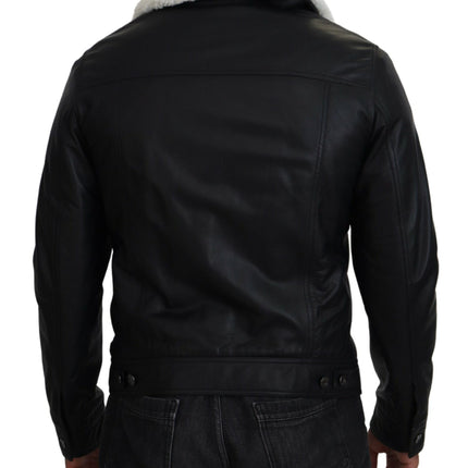 Elegant Black Leather Bomber Jacket