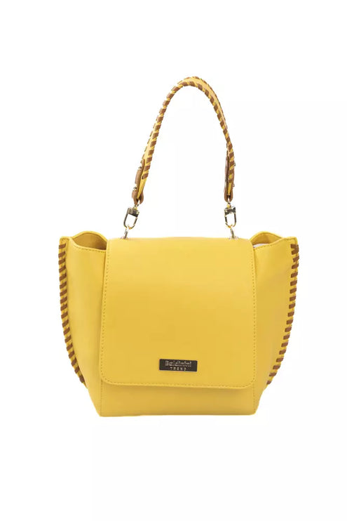 Elegante bolso amarillo con solapa y detalles dorados