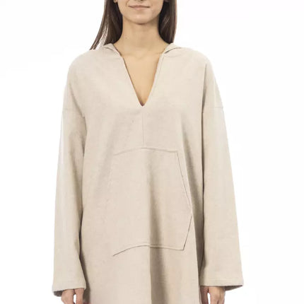 Elegante maglione lungo beige con cappuccio