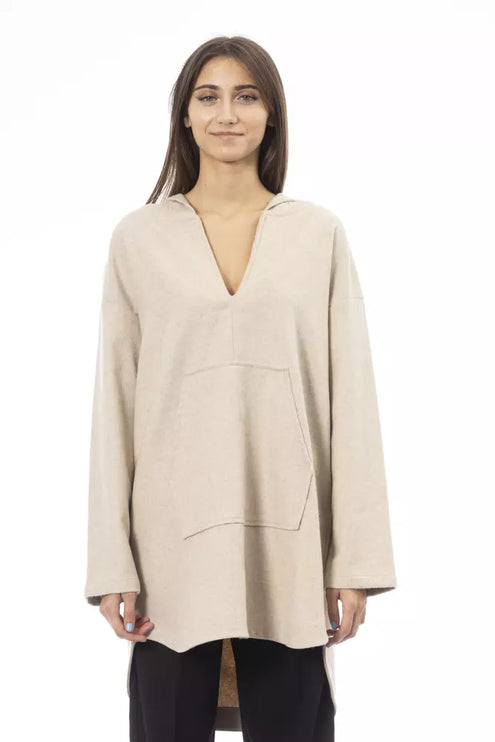 Elegante maglione lungo beige con cappuccio