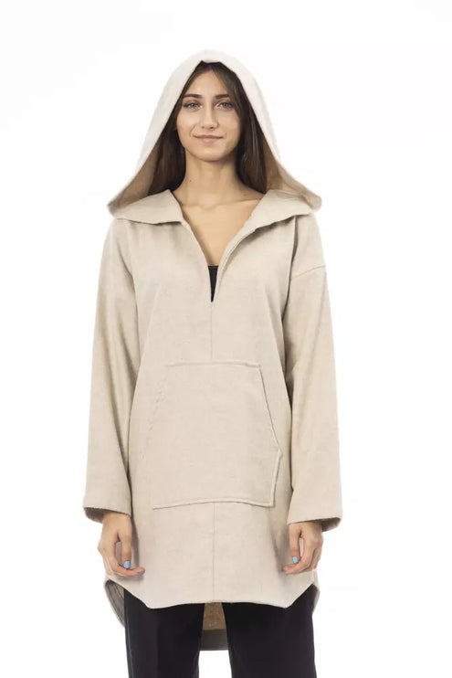 Elegante maglione lungo beige con cappuccio