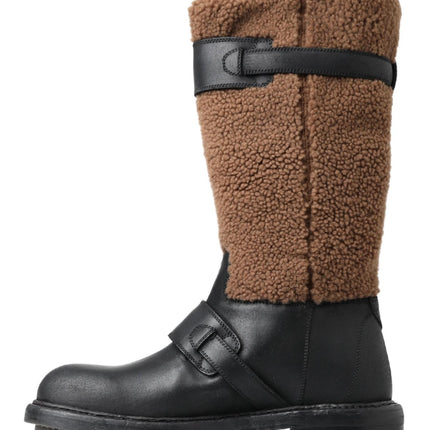 Black Shearling Leather Long Boots