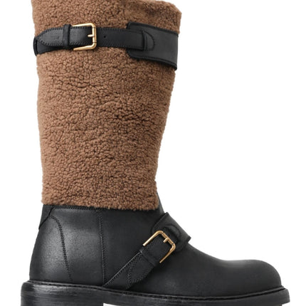 Black Shearling Leather Long Boots